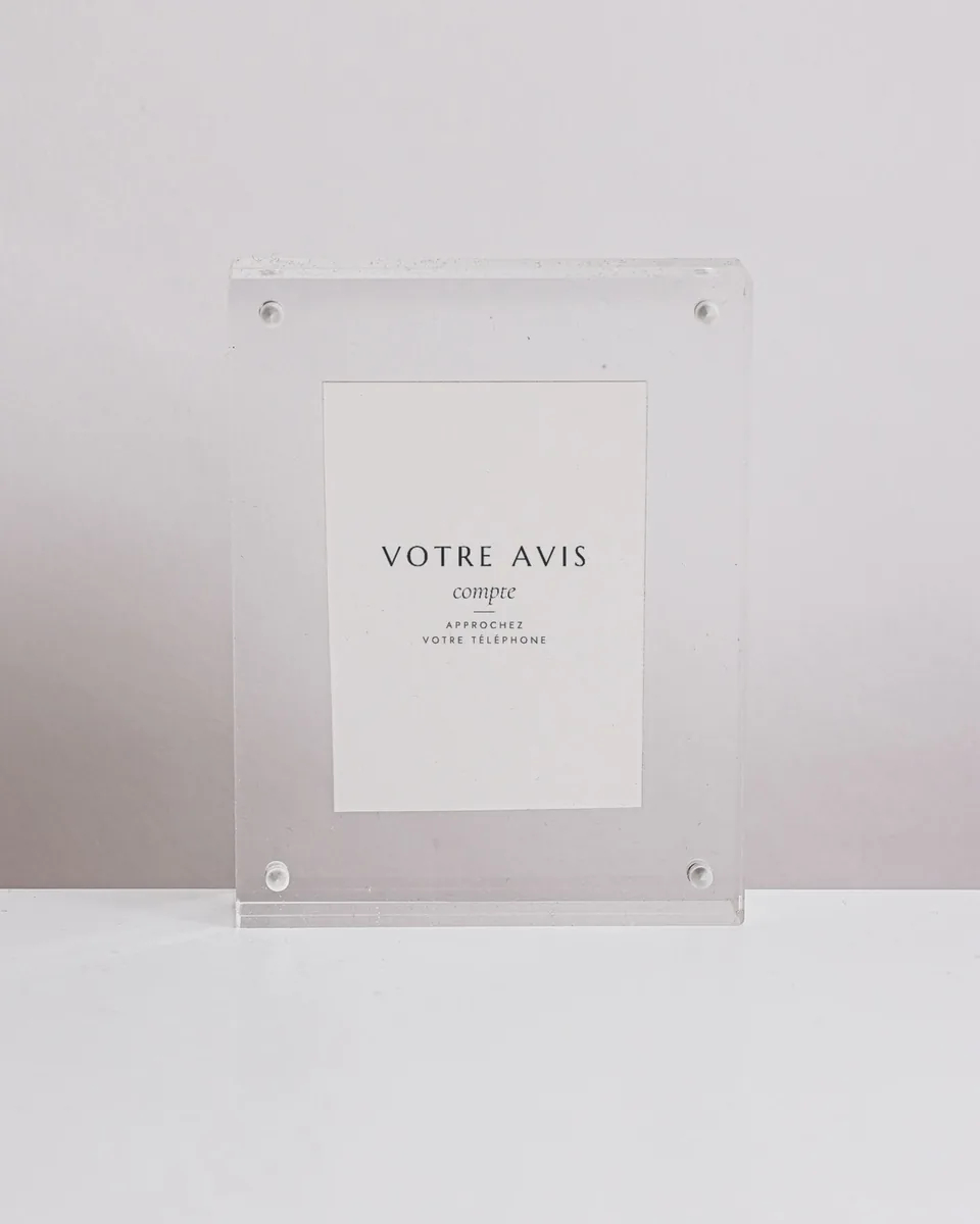 Présentoir en acrylique transparent, carte imprimée VOTRE AVIS compte, approchez votre téléphone