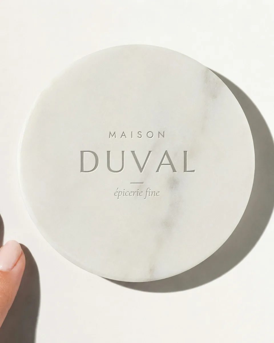 Dessous de verre en marbre blanc gravé MAISON DUVAL, épicerie fine