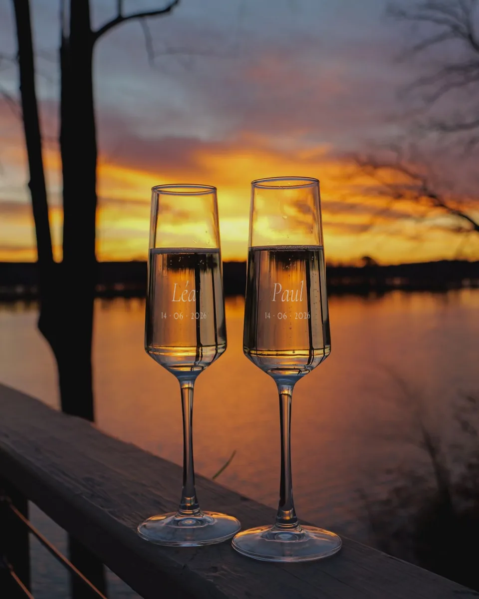 Deux flûtes à champagne gravées Léa et Paul, 14 · 06 · 2026, au coucher du soleil