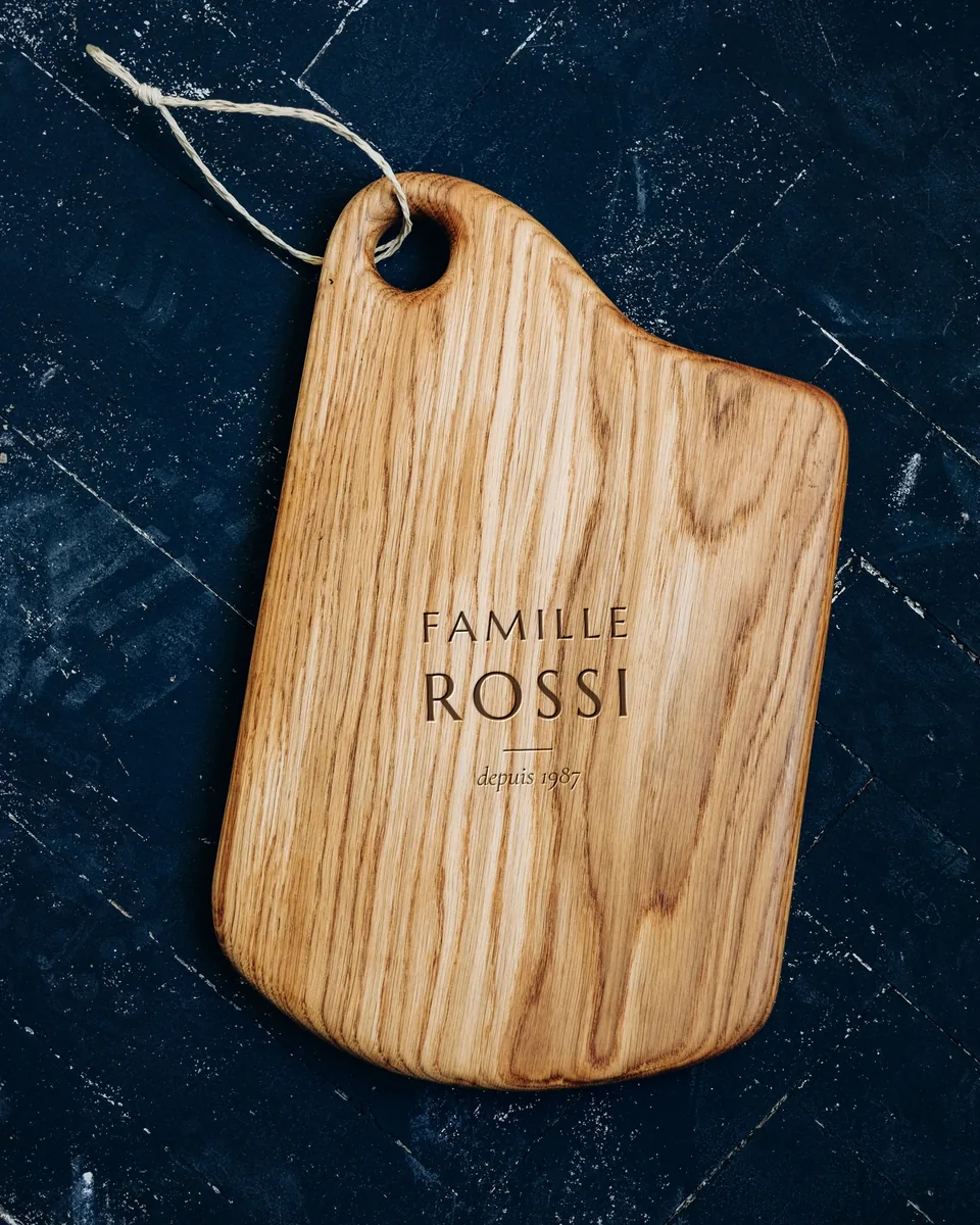 Planche de service en chêne gravée FAMILLE ROSSI, « depuis 1987 »