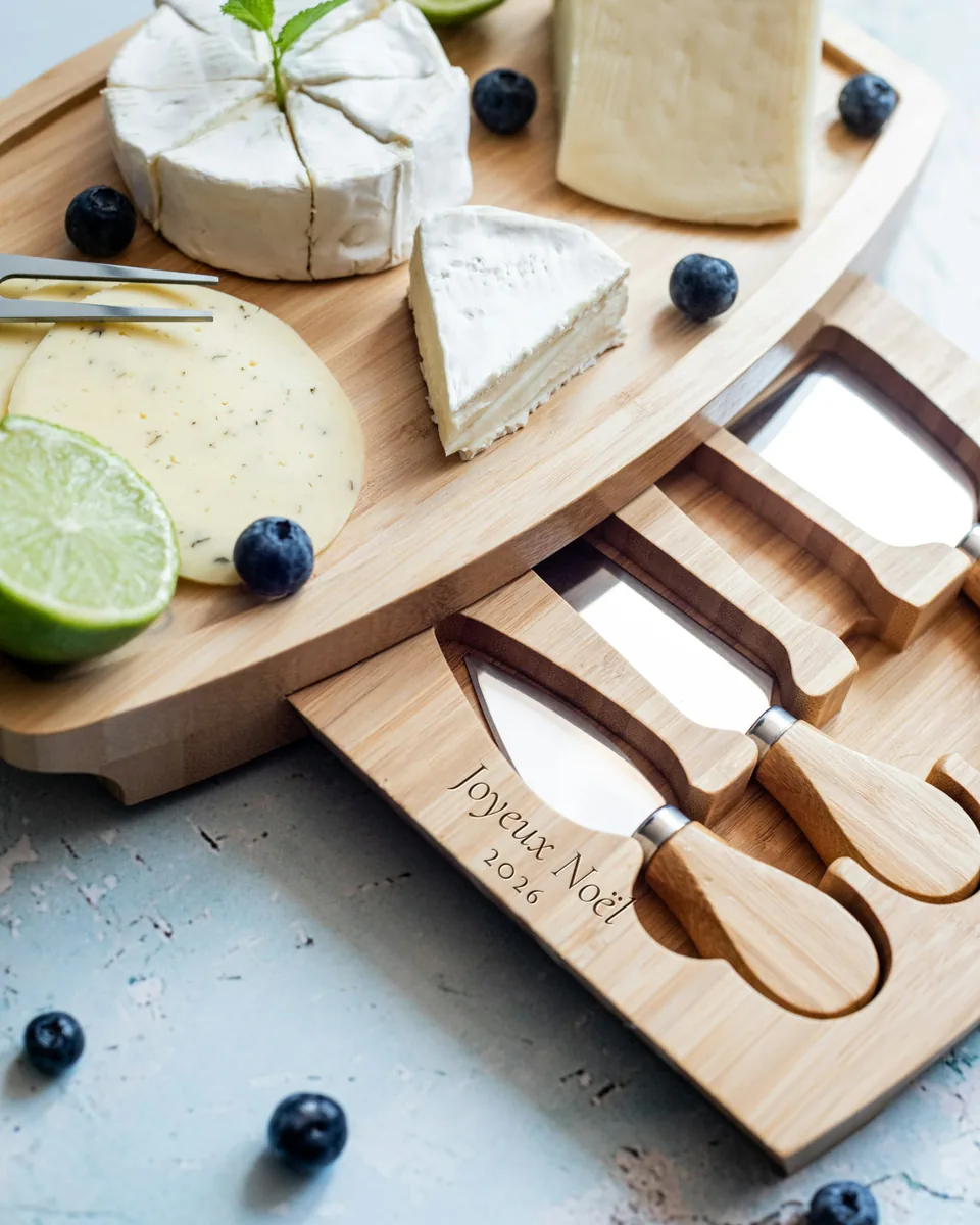 Planche à fromage en bambou, tiroir à couteaux ouvert, gravé « Joyeux Noël 2026 »