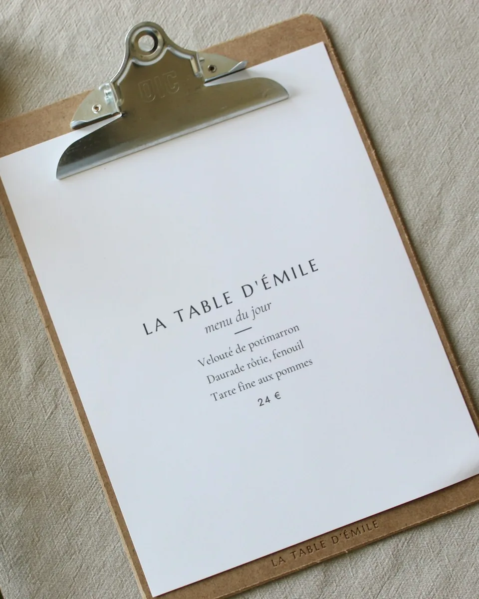 Porte-menu en bois avec le menu du jour, LA TABLE D'ÉMILE gravé sur la bande du bas